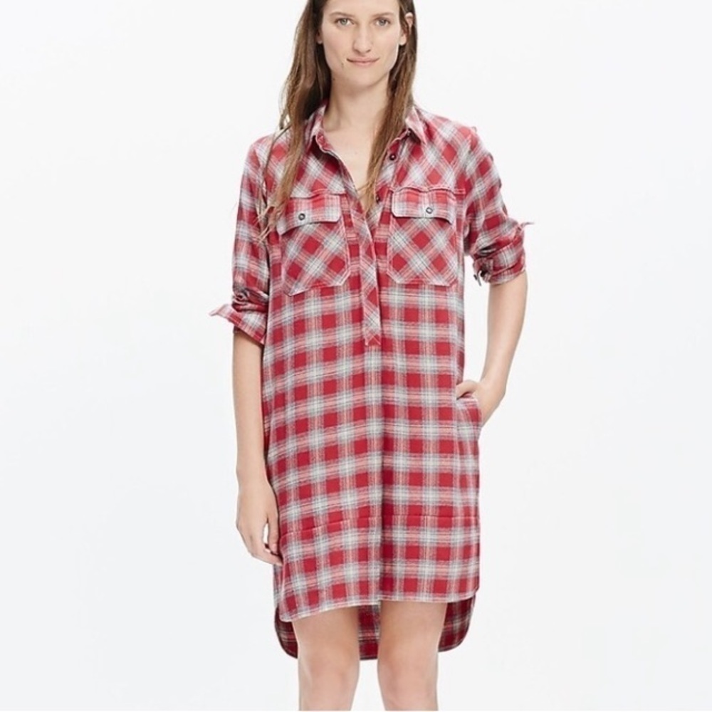Madewell flannel dress plaid soft cozy pockets xxs oversized fall wear red gray